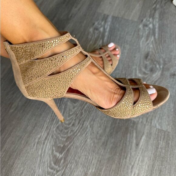 Michael Kors womens taupe sandal heel suede sparkle bling party formal Size 8.5 - Picture 7 of 9